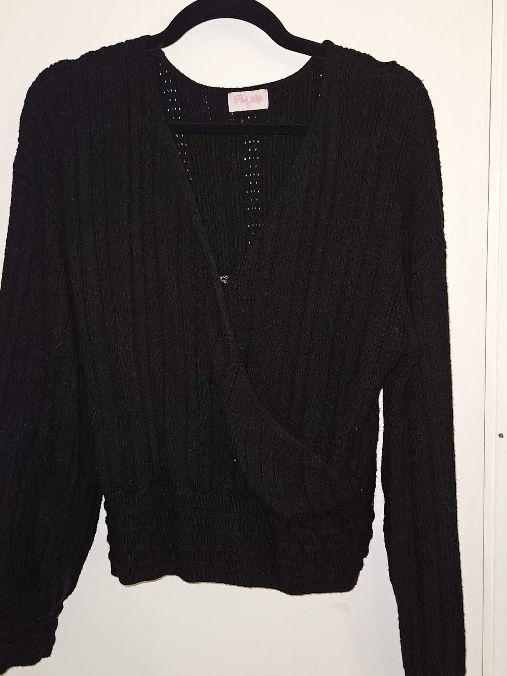 Pink Lily Black Ribbed Wrap V-Neck Sweater